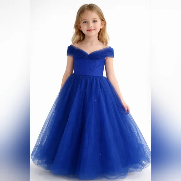 Royal Blue Tulle Party Dress Size 6–7Y Elegant Off-Shoulder Flower Girl Gown - Picture 1 of 9